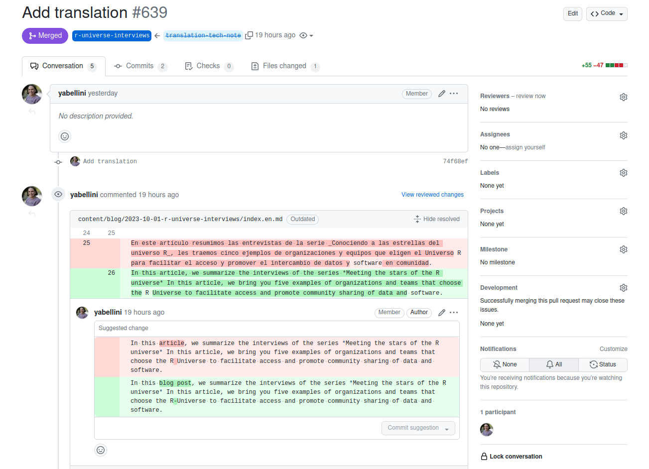Screenshot of the main tab of the pull request adding the automatic translation, where we observe a comment by Yanina replacing the word 'article' with 'blog post' and fixing the name of 'R-universe'.